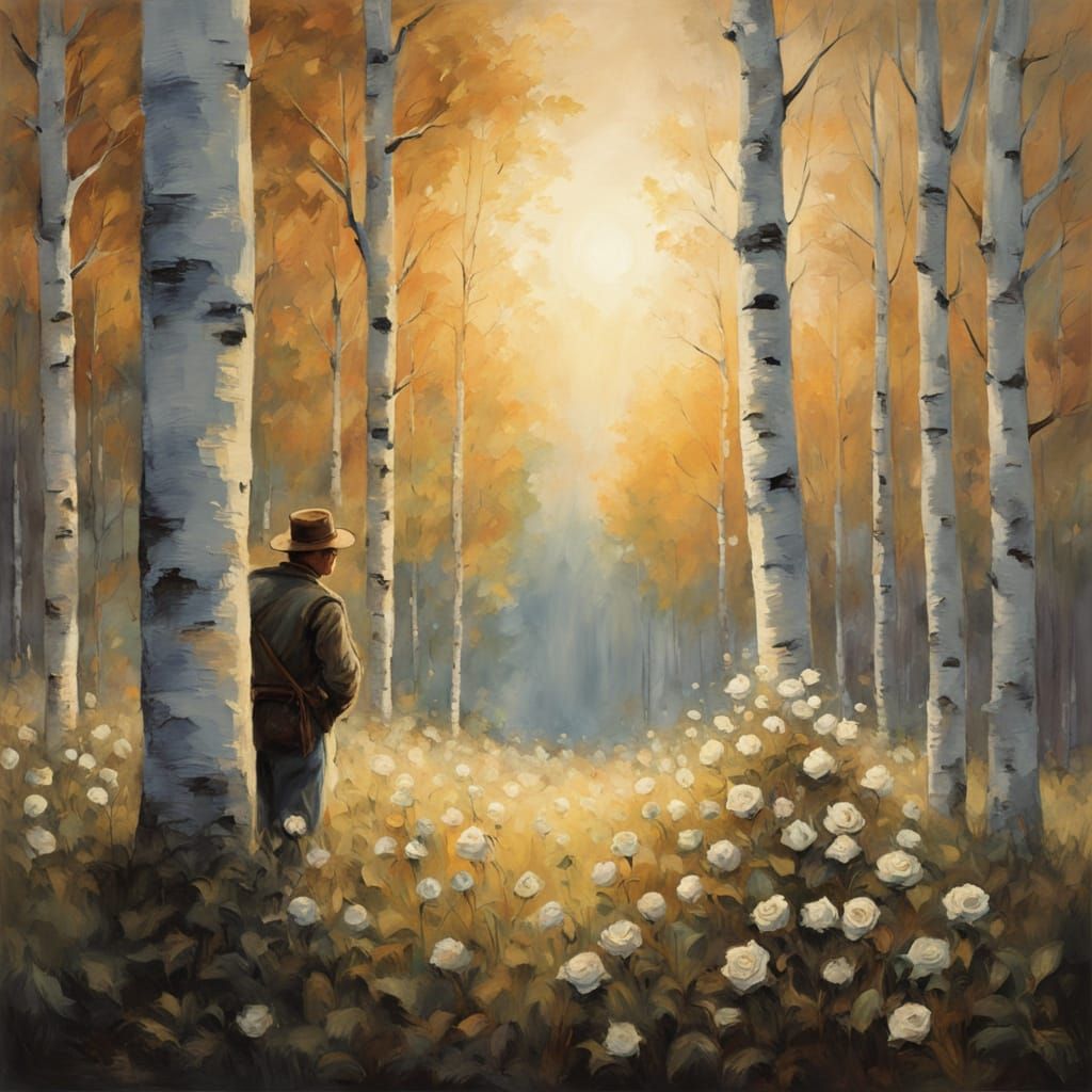 Man with Roses in Birch Forest Oil Painting