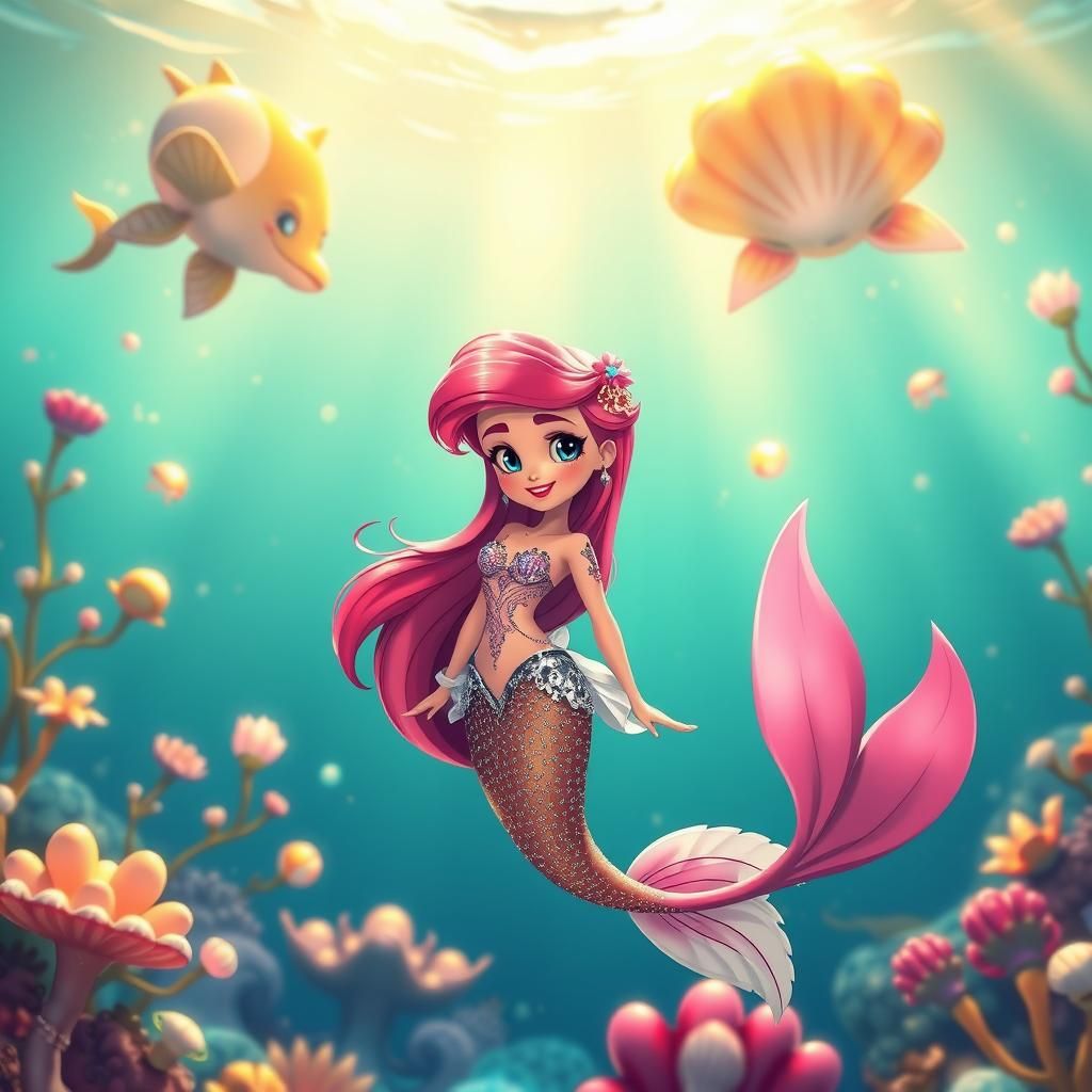 Cartoon Ariel in Dreamlike Art Nouveau Underwater Scene
