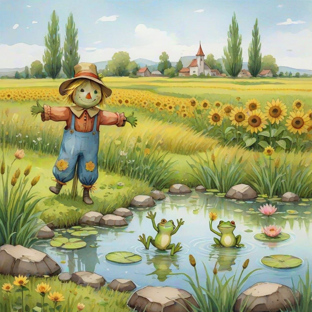 Whimsical Soviet-Style Watercolor Scarecrow in a Lush Landsc...