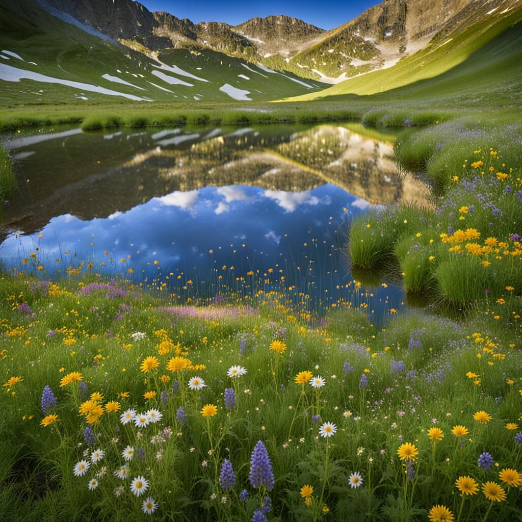 Mountain Lake and Wildflower Meadow Reflection