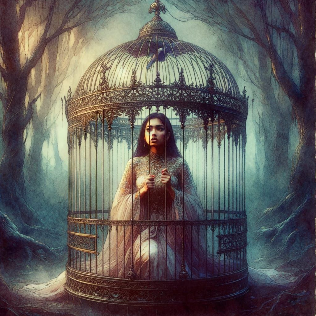 South Asian Woman Trapped in Gothic Birdcage Watercolor