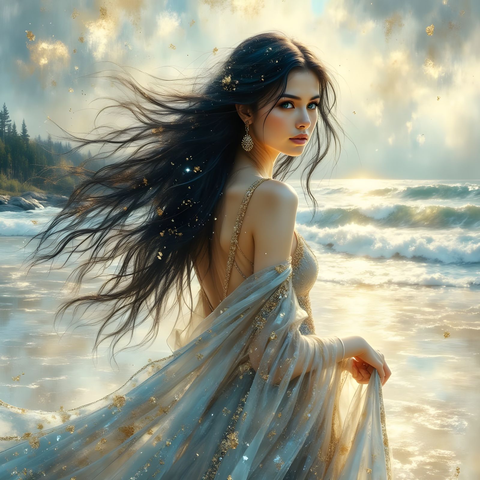 Norse Goddess Walks Ethereal Beach at Dawn