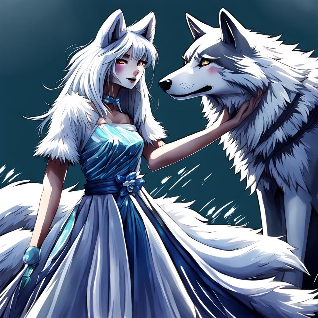 Furry Wolf Girl Playing Violin in Dress