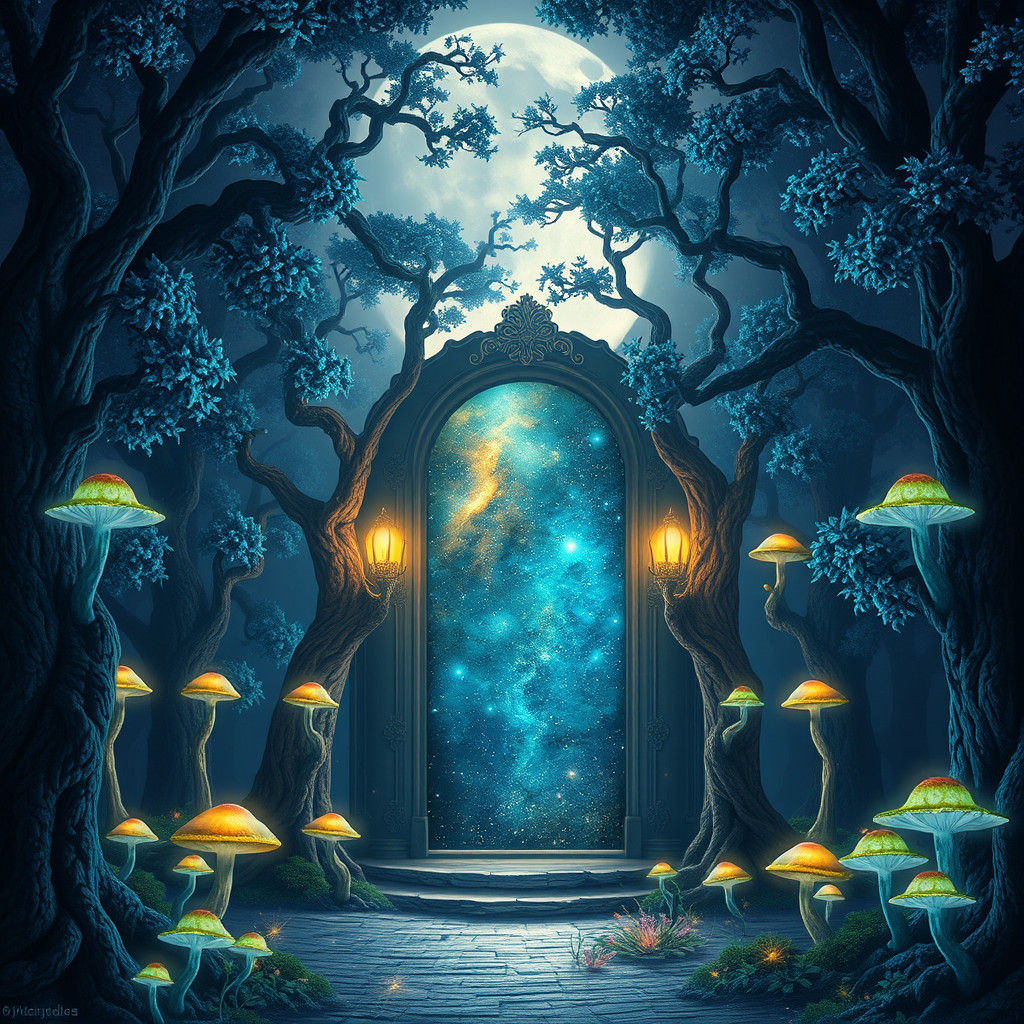 Ethereal Galaxy Door in Moonlit Forest