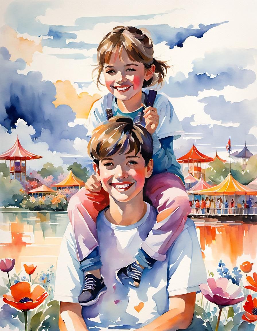 Enchanted Theme Park: Siblings in Watercolor Art