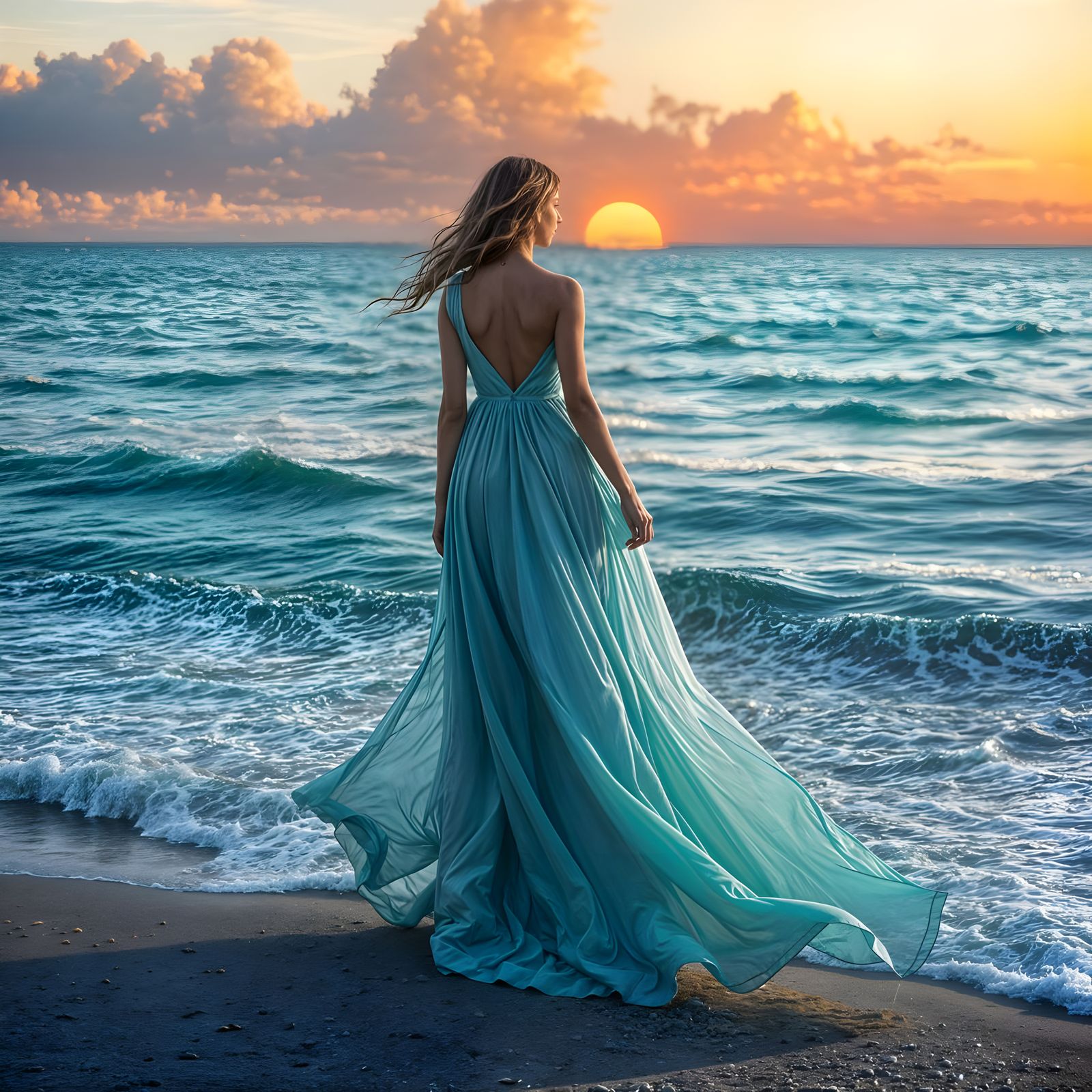 Surreal Woman Merges with Ocean Waves in Vibrant Sunset Scen...