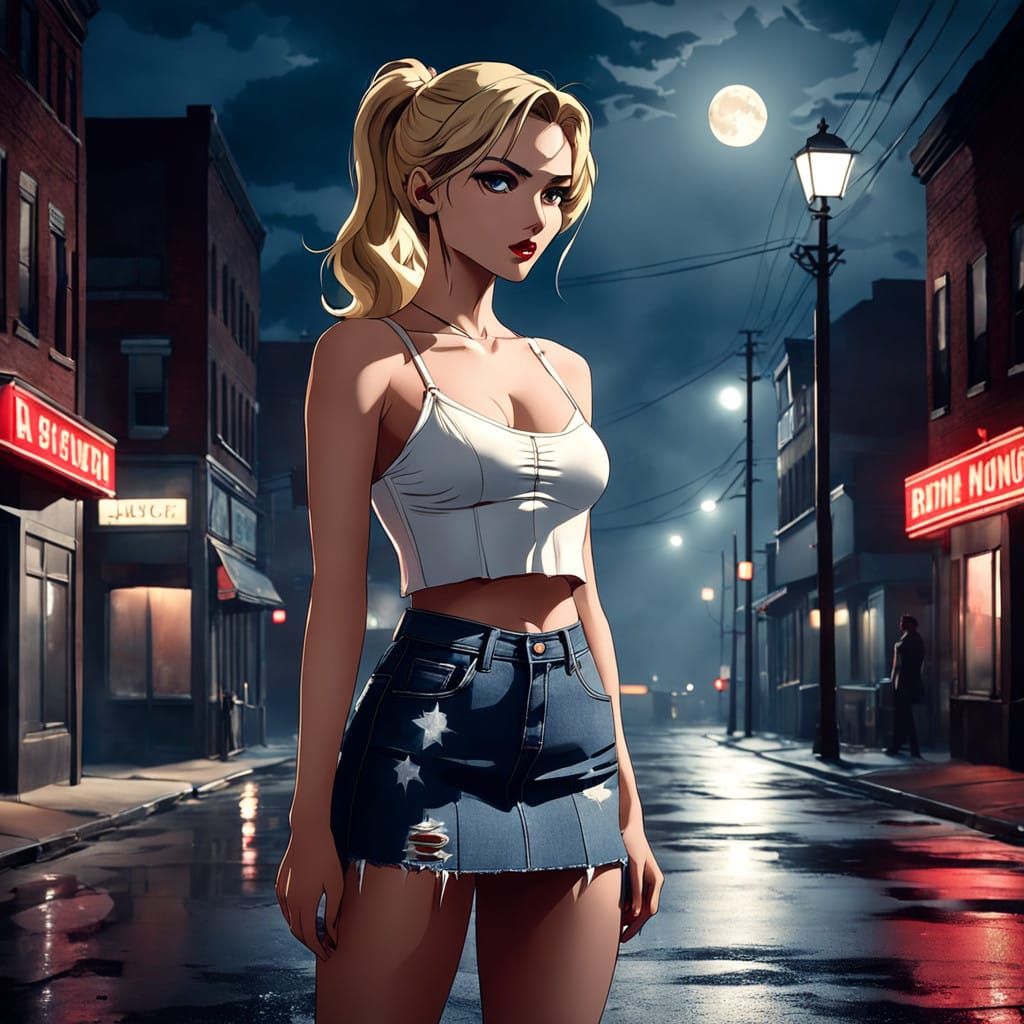 Moody Film Noir Portrait of a Petite Woman under the Full Mo...