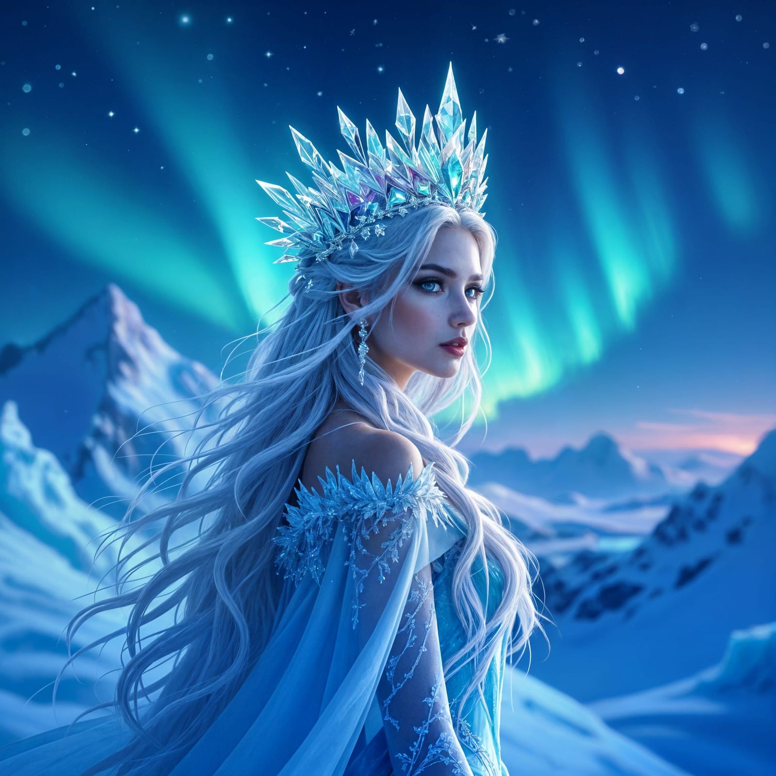 Regal Ice Queen on Glacial Peak with Aurora