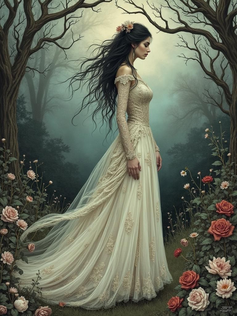 Ethereal Woman in Tattered Dress in Eerie Garden