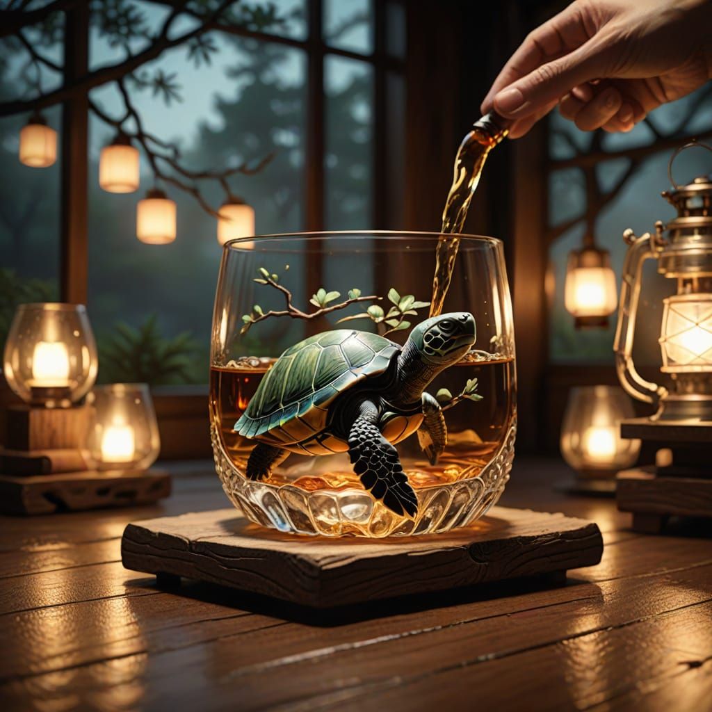 Japanese Whisky Bar Scene with Ninia Turtle and Bonsai