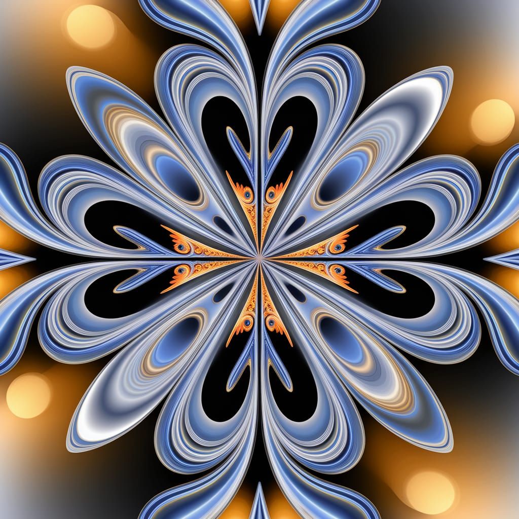 Mesmerizing Symmetrical Fractal Art in Silver, Blue, and Whi...