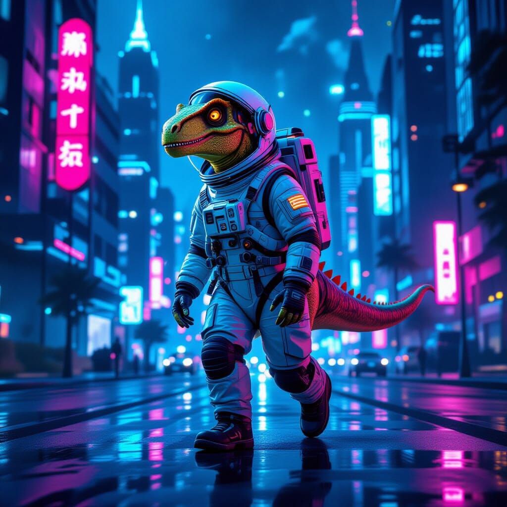 Dinosaur in Spacesuit in a Futuristic Cityscape