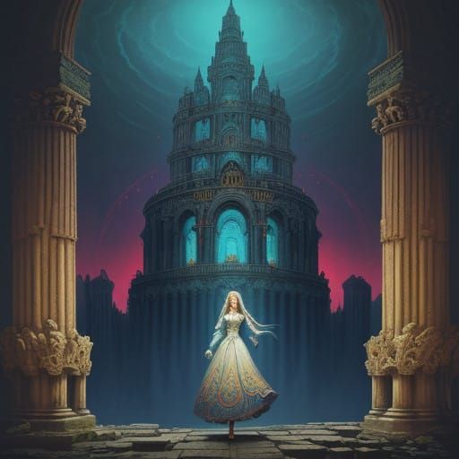 Regal Woman Triumphs Amidst Ancient Ruins in Vibrant, Fantas...