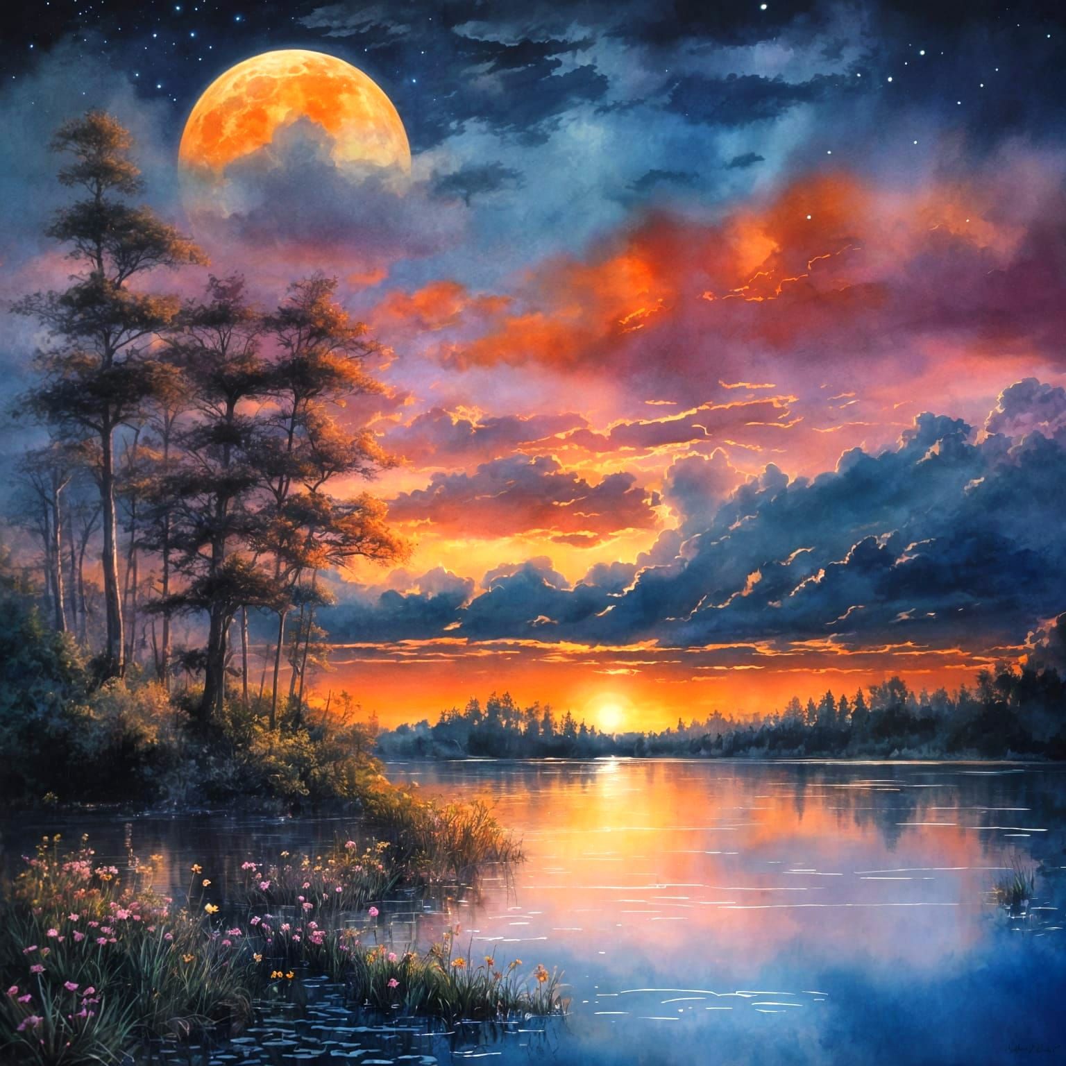 Dreamy Golden Moonlit Lake Landscape in Vibrant Watercolor S...