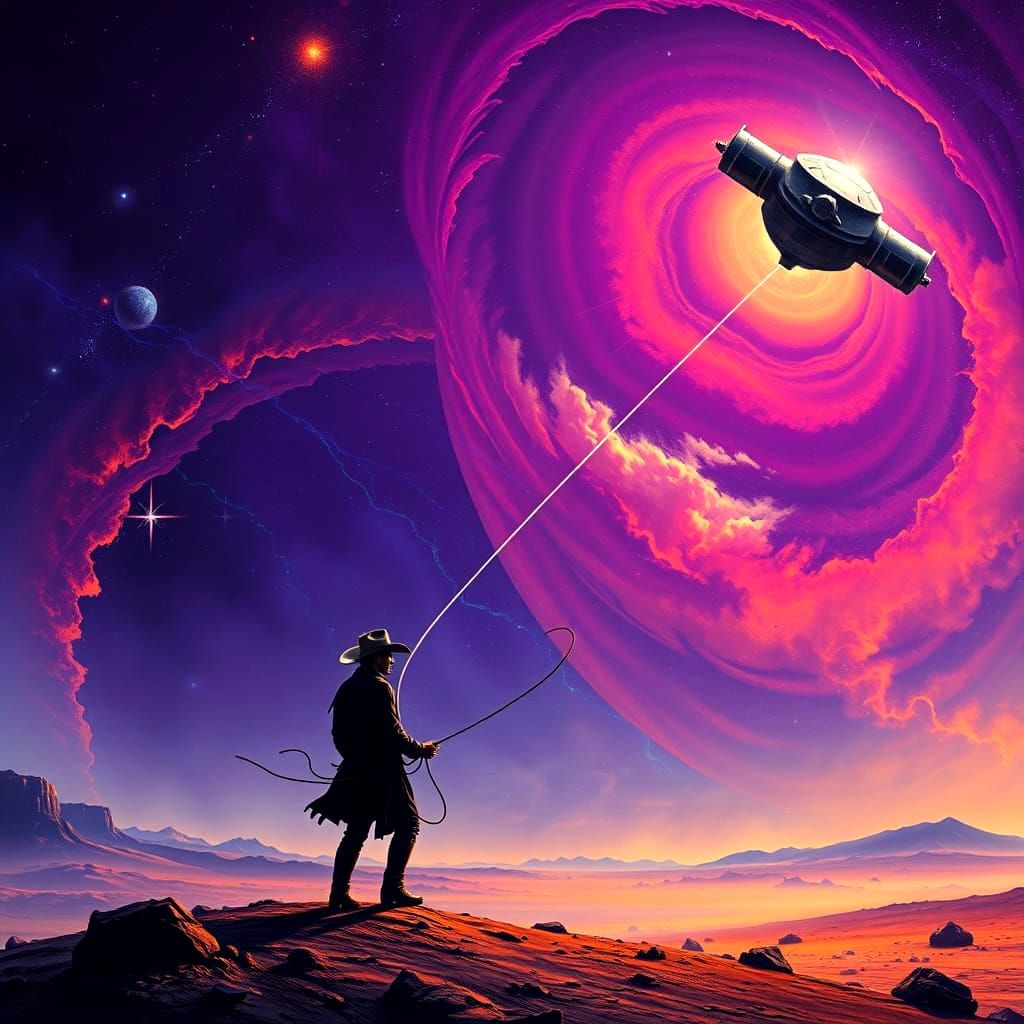 Cowboy Lassos Satellite from Atmosphere Surreal Art