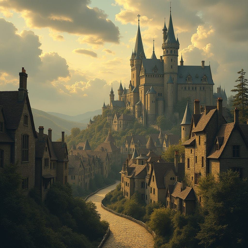 Medieval Cityscape in Dreamlike Illustration Style