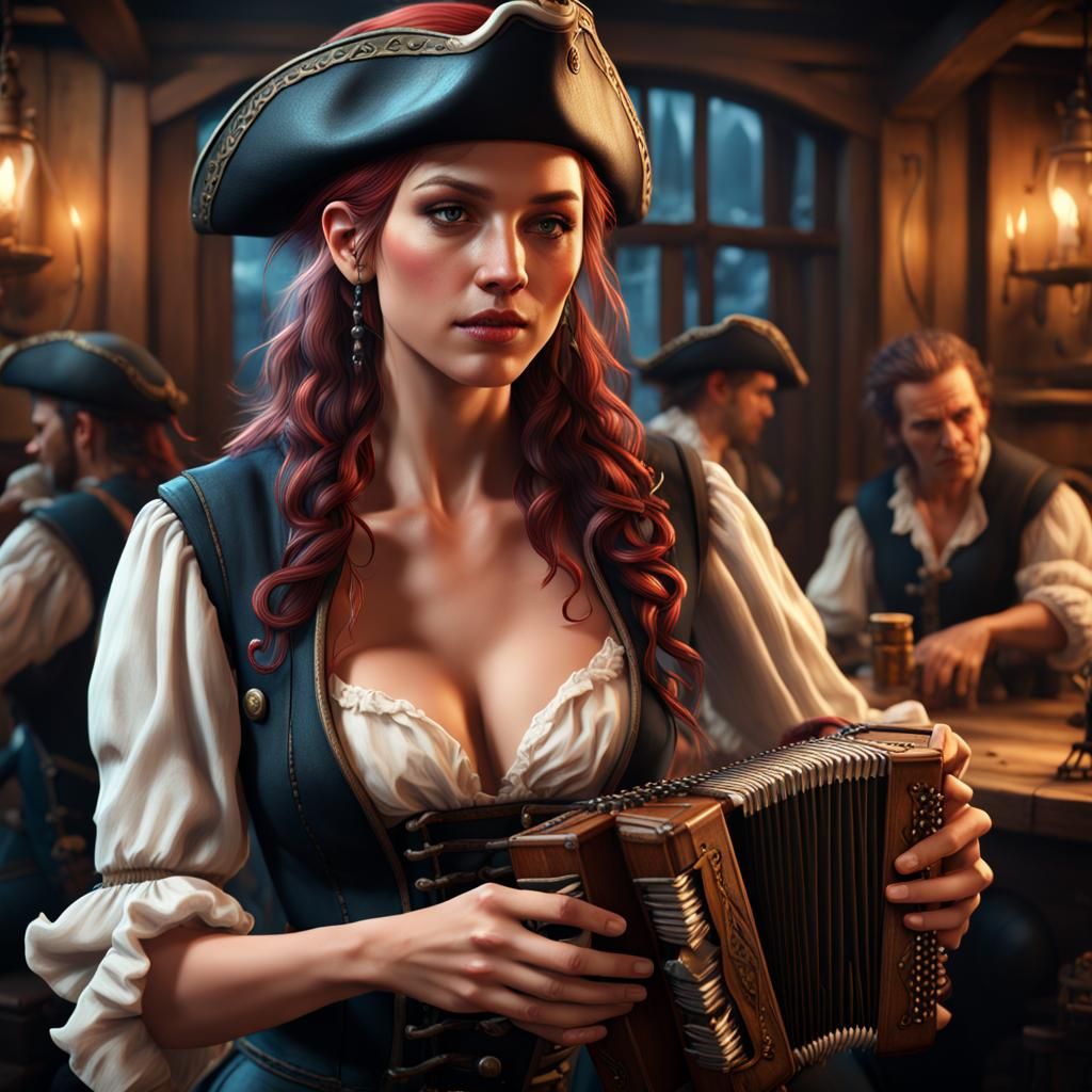 Female Pirate Concertina Player: Detailed Matte Painting