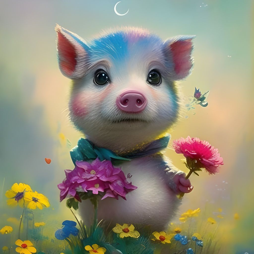 Chibi Piglet in Colorful Garden: Art Deco Illustration