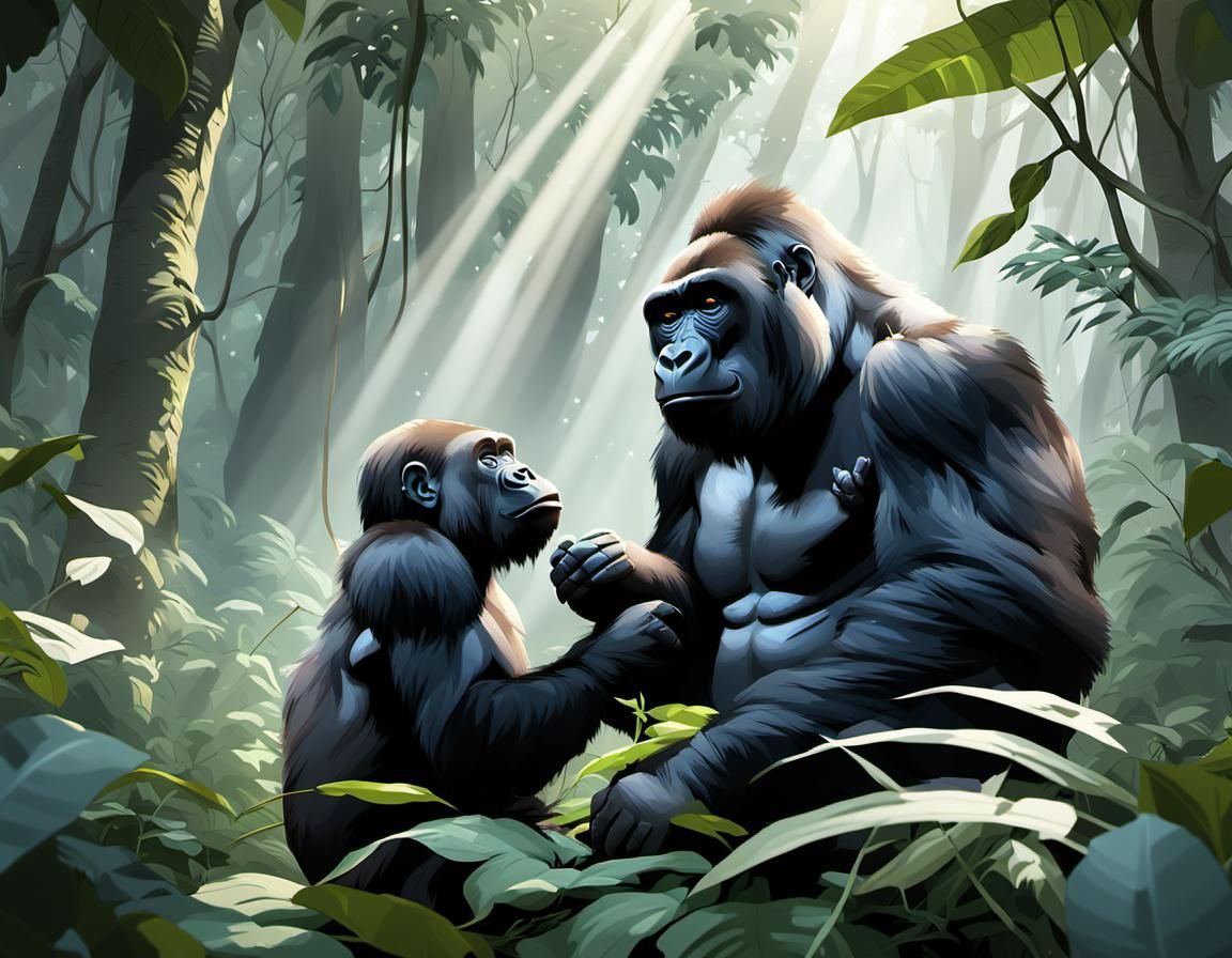 Gorilla Family in Jungle: Anime-Inspired 3D Art