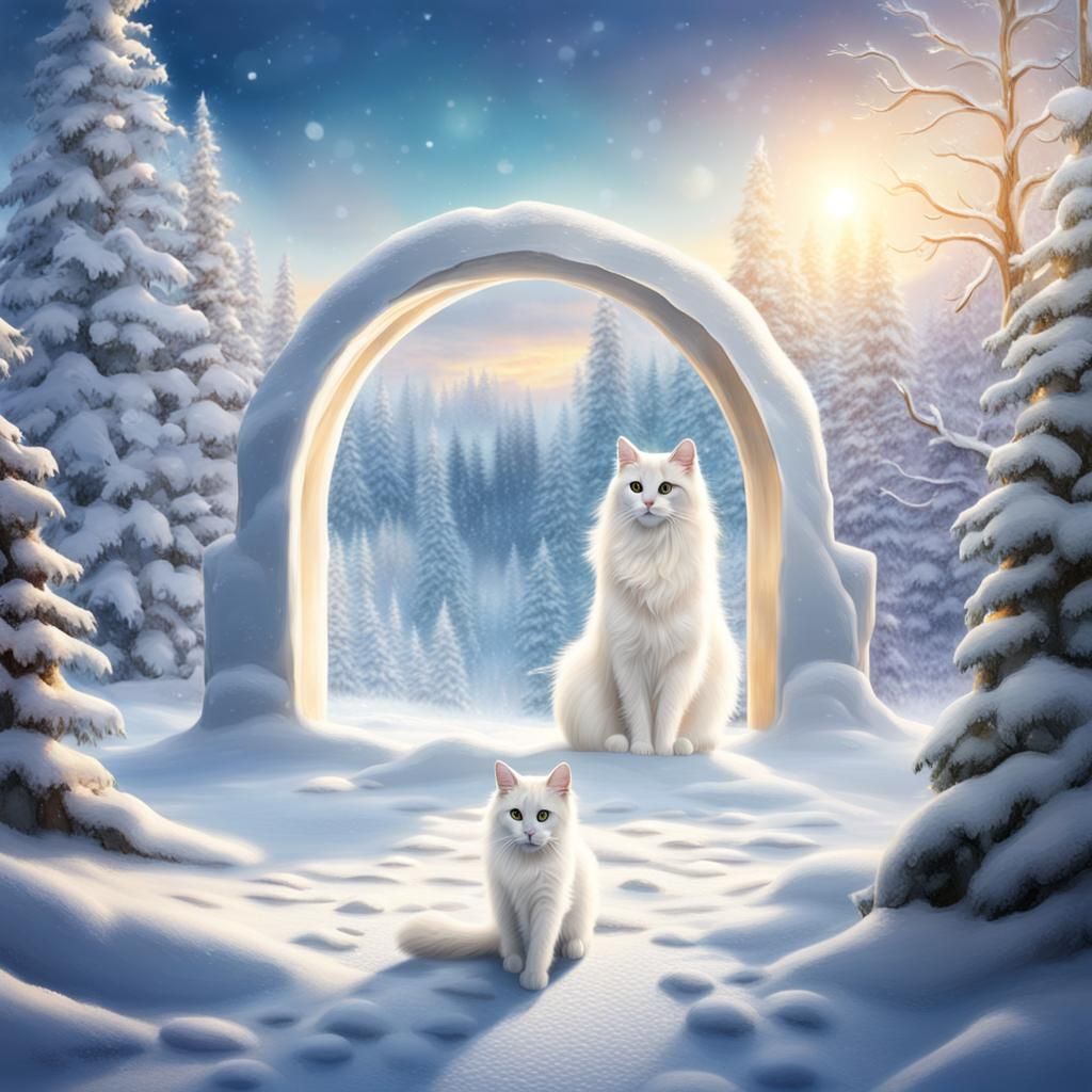White Cat Emerges from Magical Winter Portal