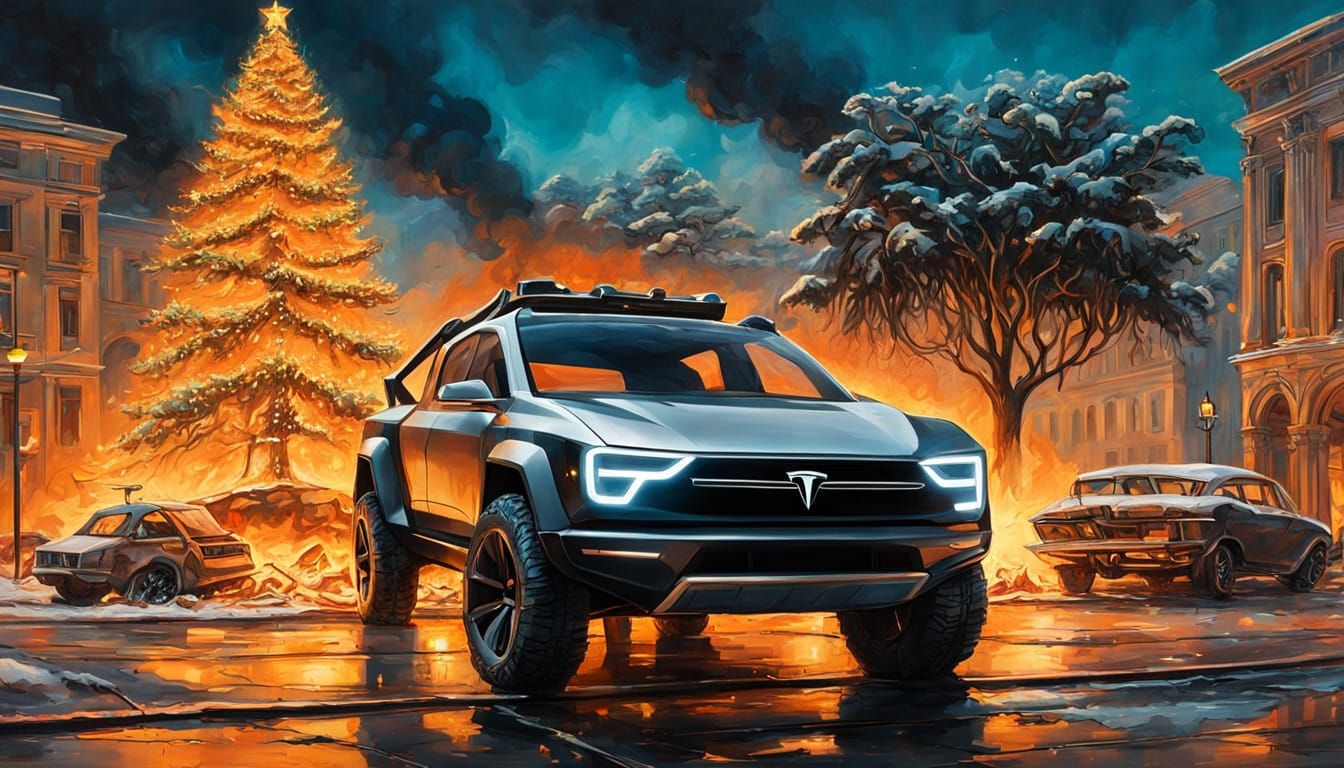 Dystopian Cybertruck Inferno in Metropolis