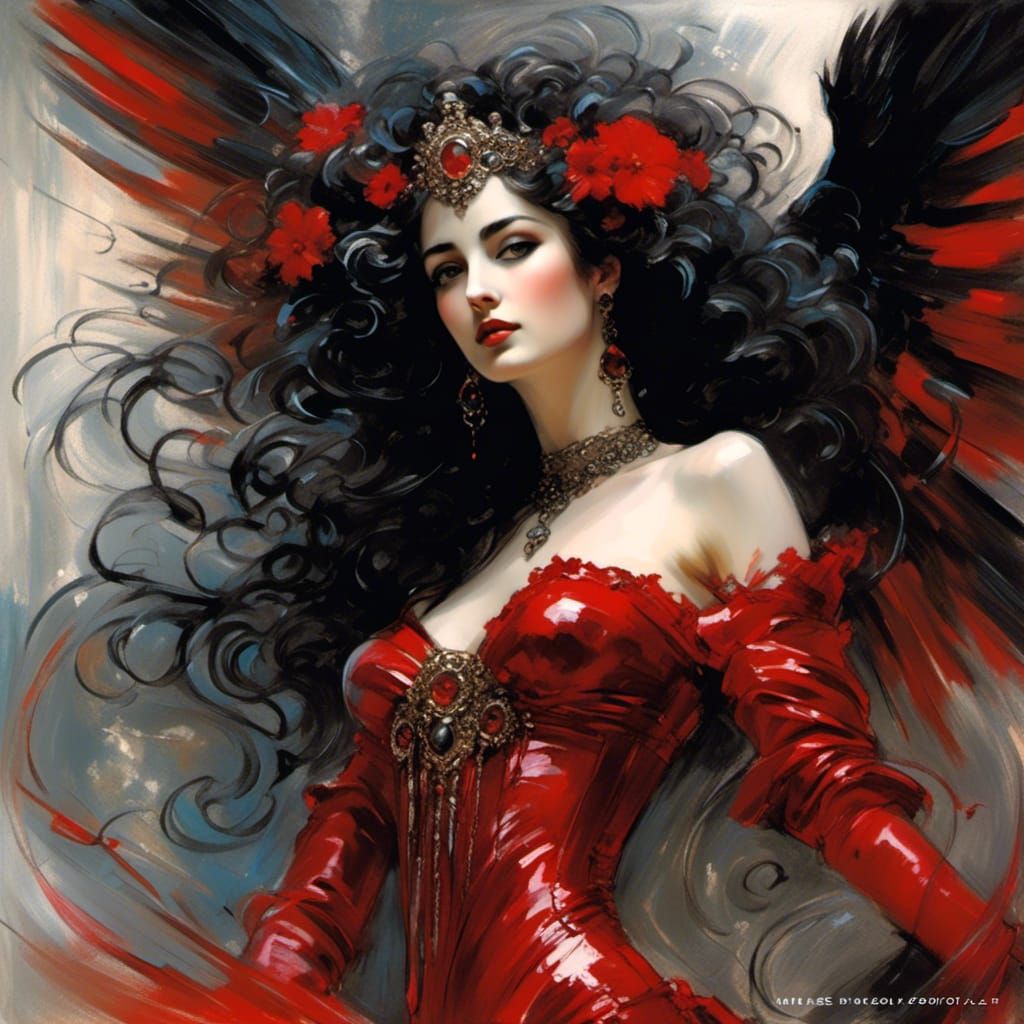 Gothic Angel Portrait in Red Latex Lingerie