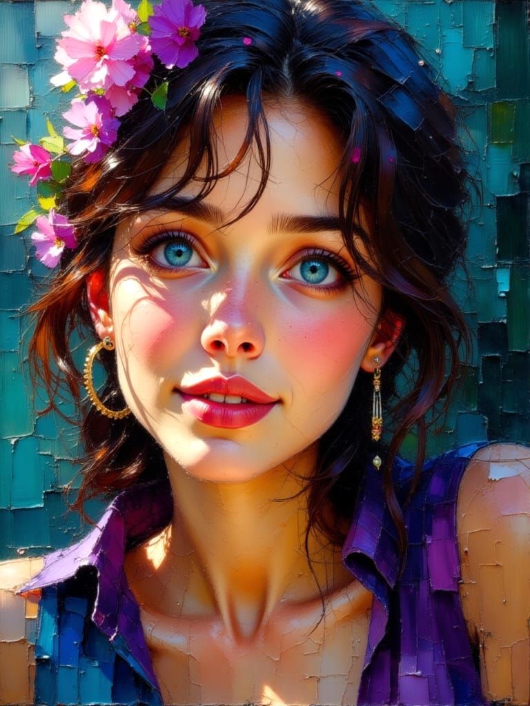 Hyper Realistic Oil Painting of a Young Woman with Vibrant E...