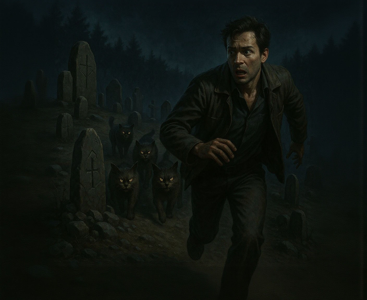 Man Chased by Malevolent Cats in Dark Graveyard