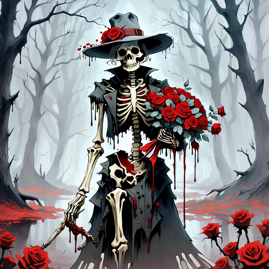 Eerie Dark Fantasy Skeleton with Roses