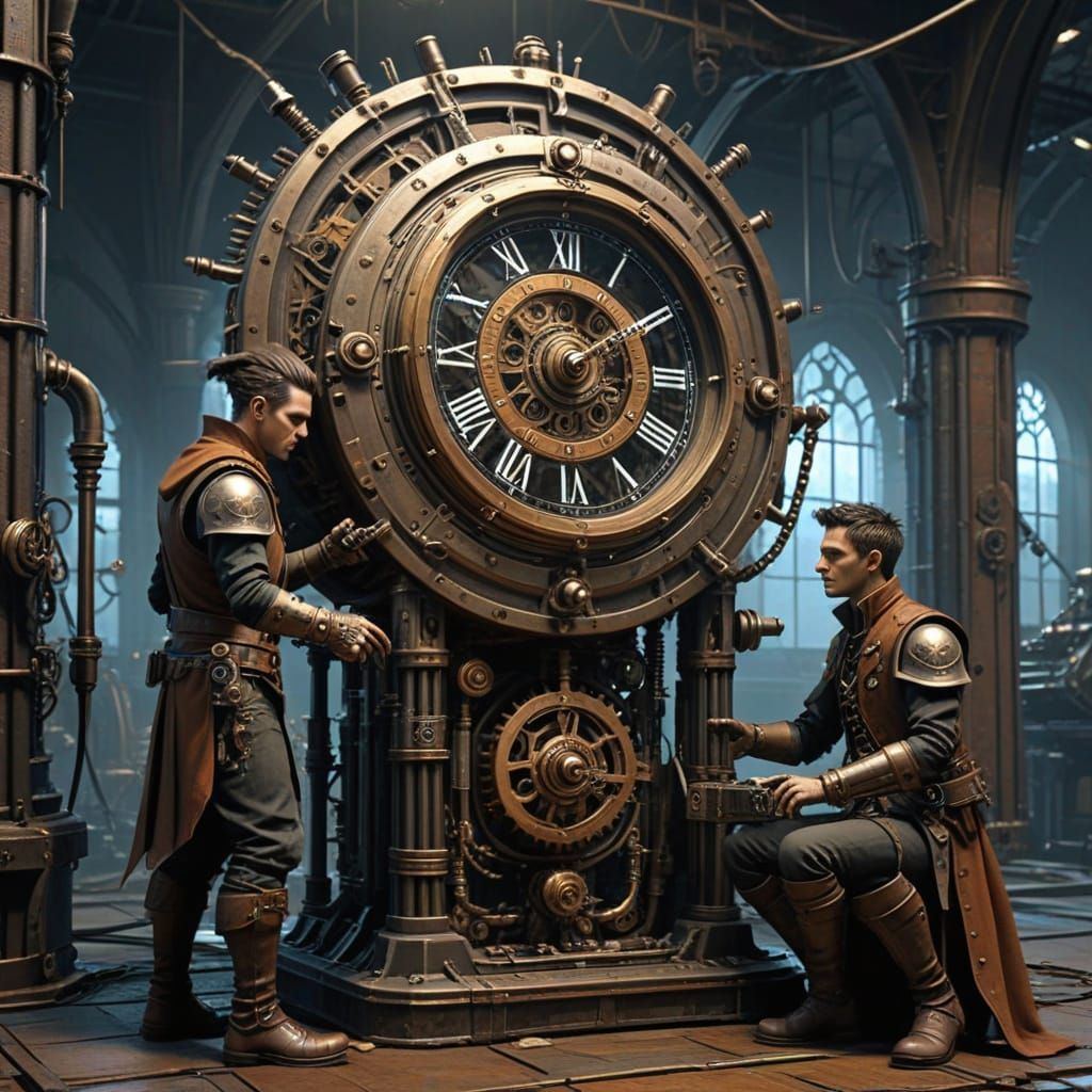 Machine Elves Repairing Time Machine in Steampunk Fantasy St...