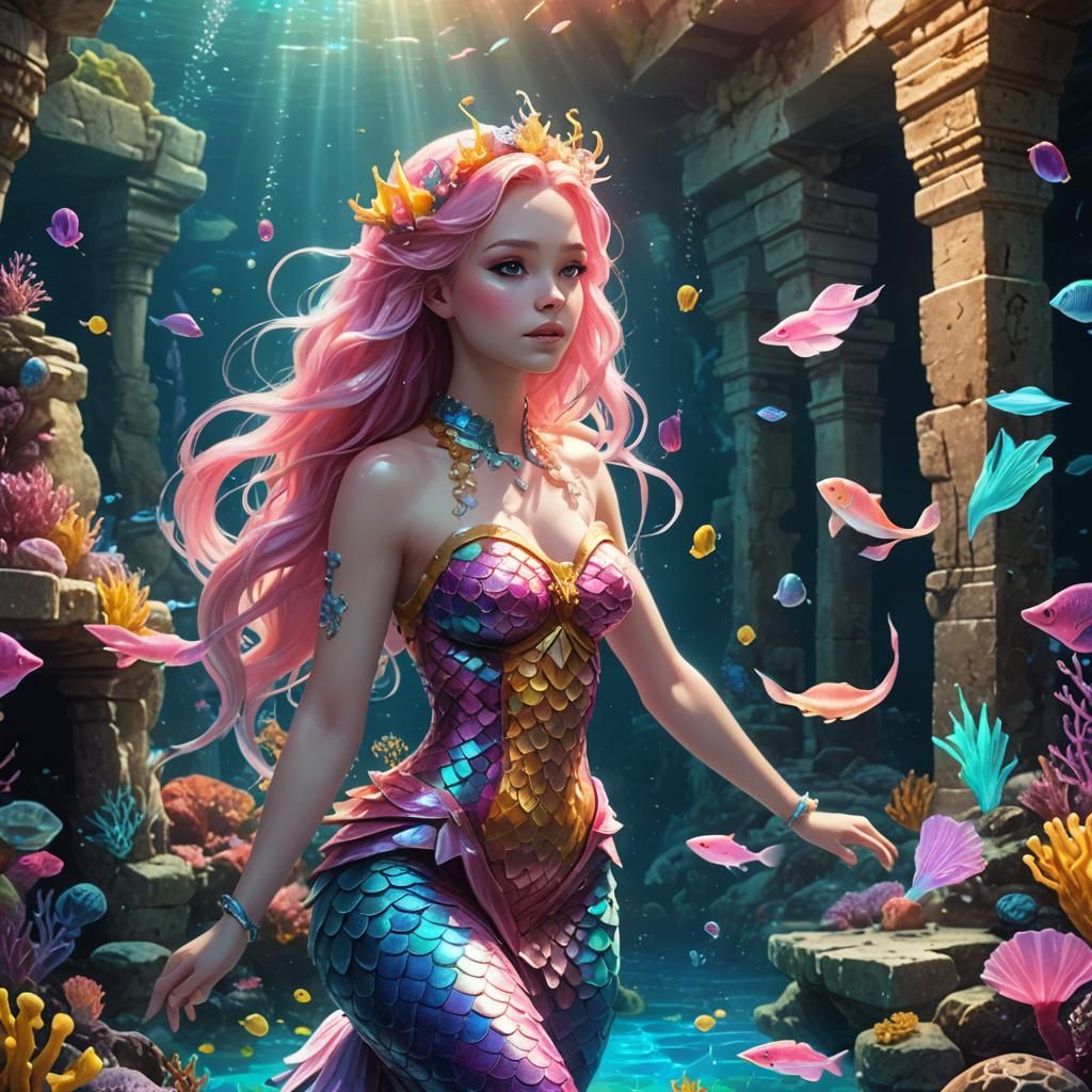 Mermaid Explores Bioluminescent Underwater Ruins