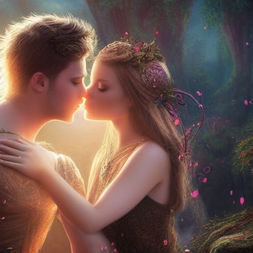 Magical Kiss in Sunlit Fairy-Tale Scene