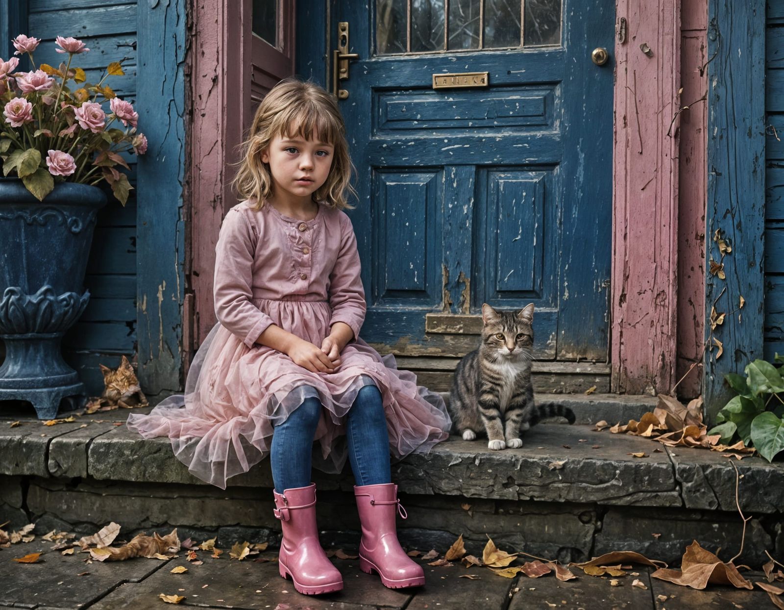 Child on Doorstep in Autumnal Digital Painting