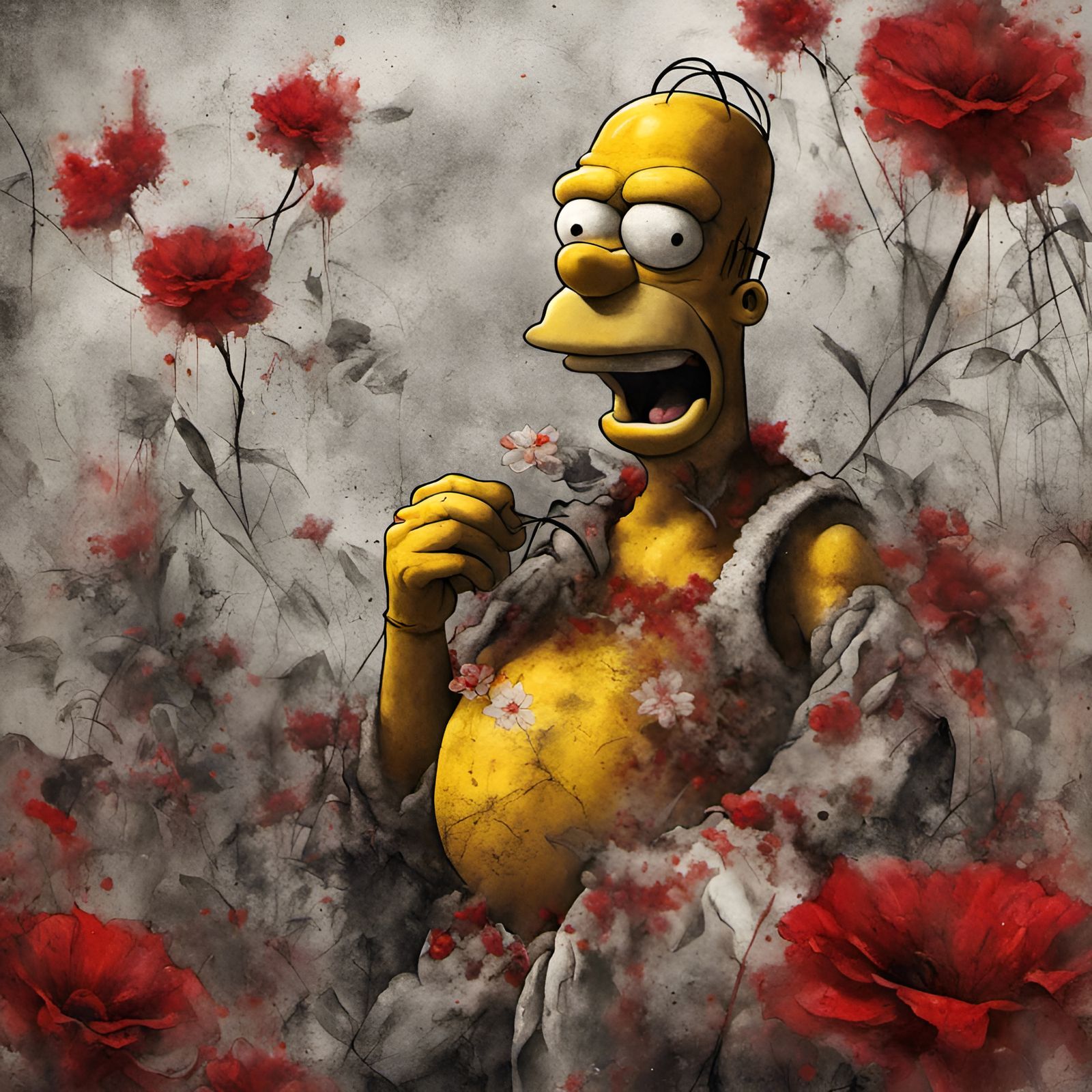 Homer Simpson in Comic Art Style with Graffiti Flowers