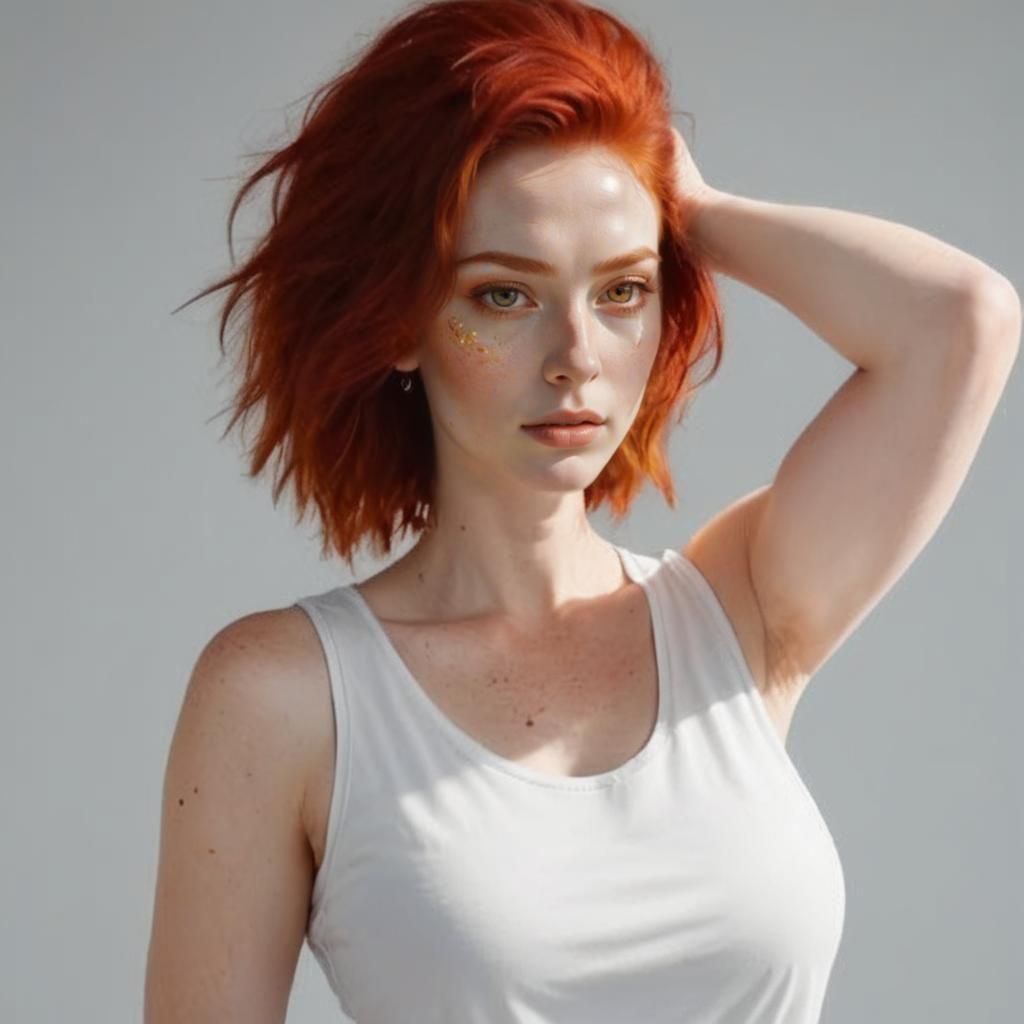 Agitated Freckled Woman with Crimson Hair