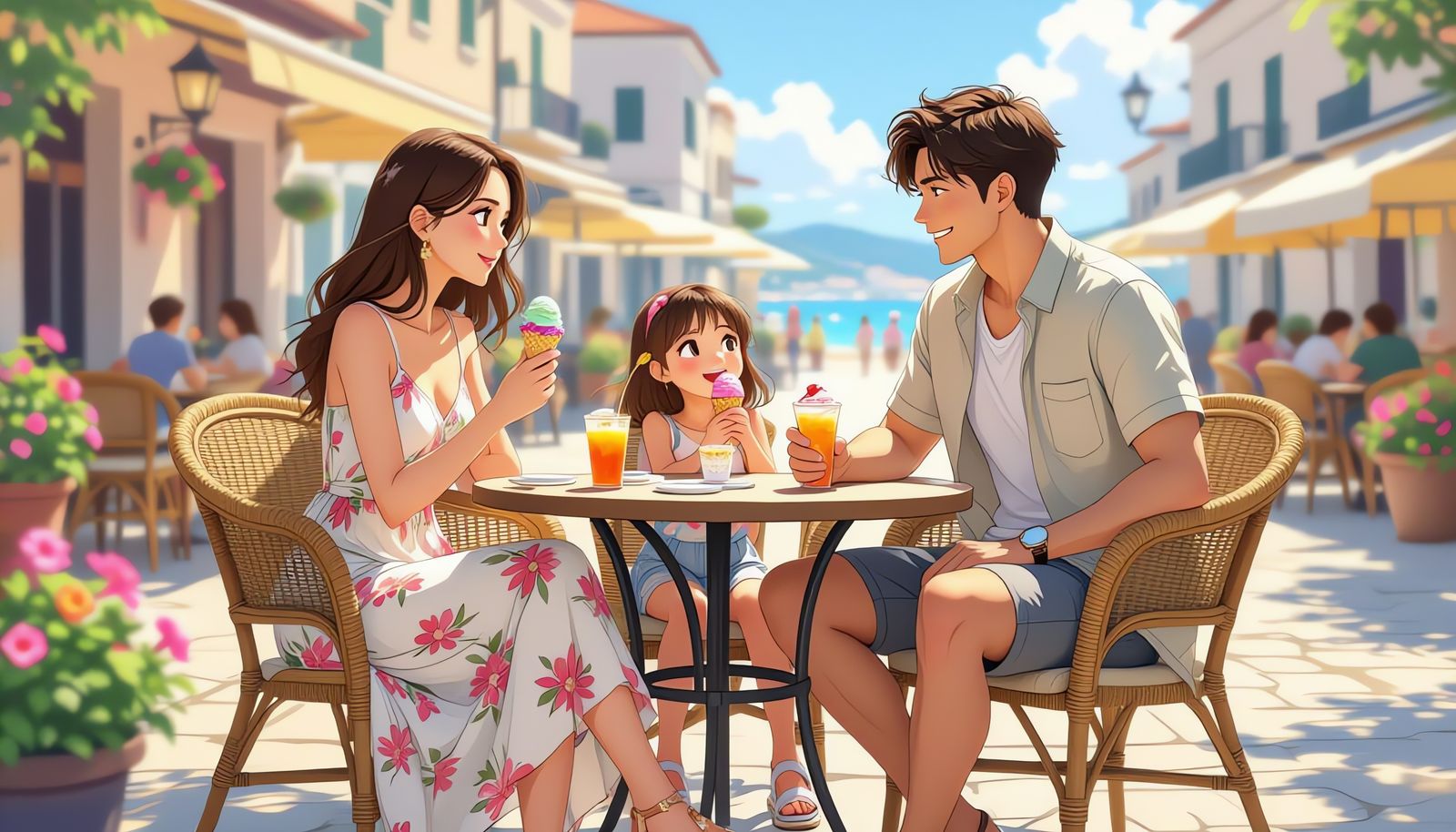 Anime Family Enjoying Summer Ice Cream in Zadar