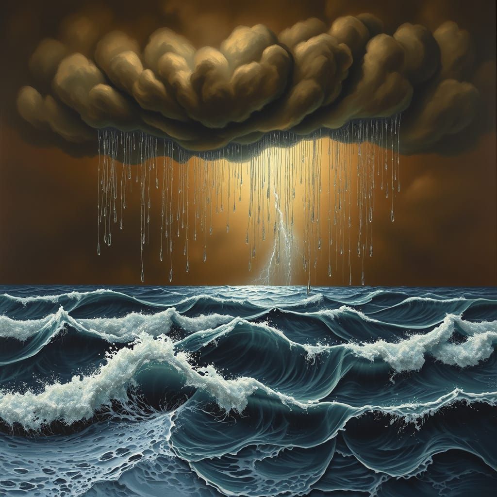 Surreal Crystal Rain Over Stormy Ocean