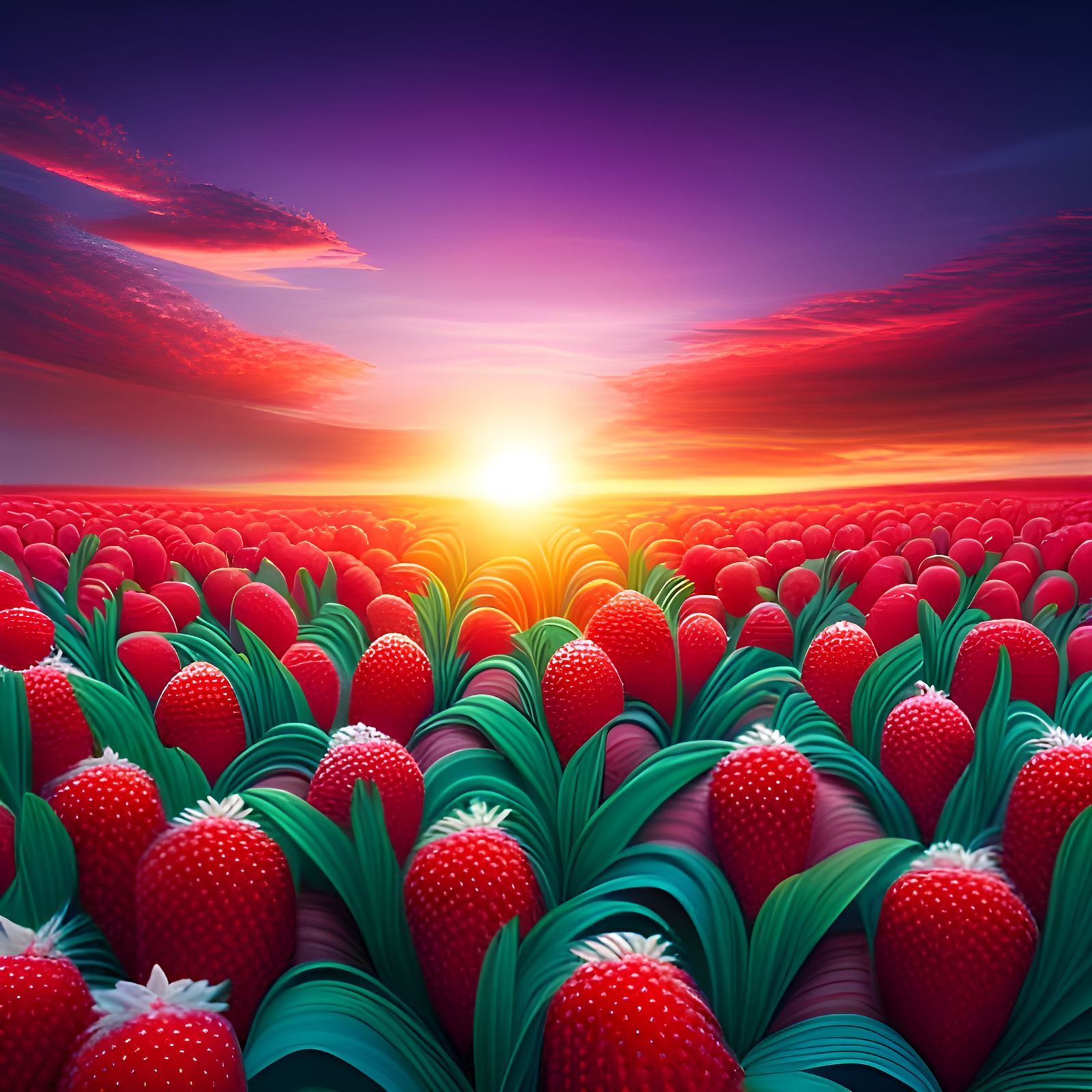 Giant Strawberries in Field at Sunrise: Fantasy Art