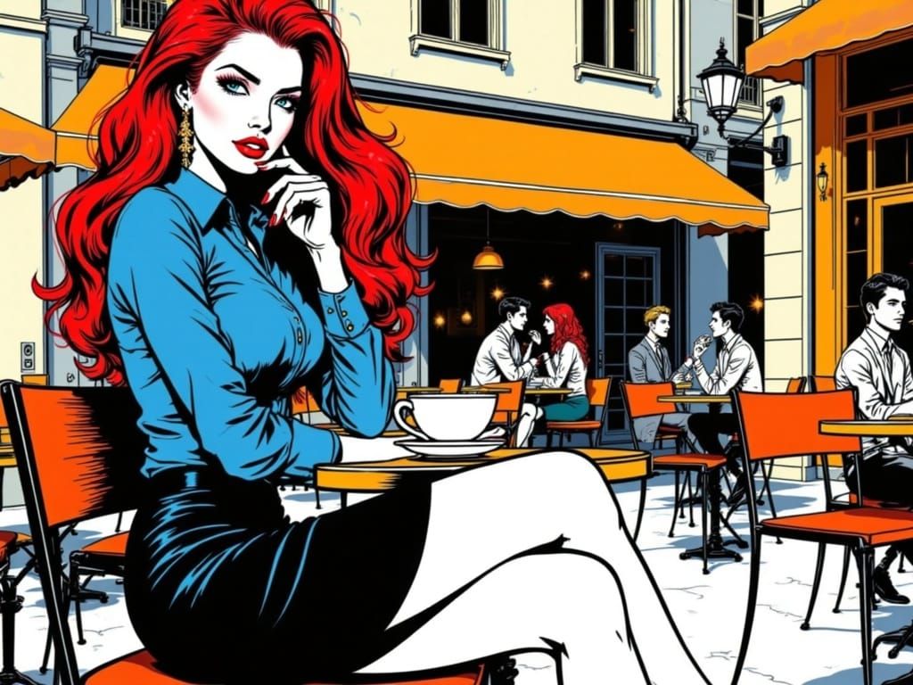 Pop Art Portrait in Red and Blue - Fashionable Woman in Cafe