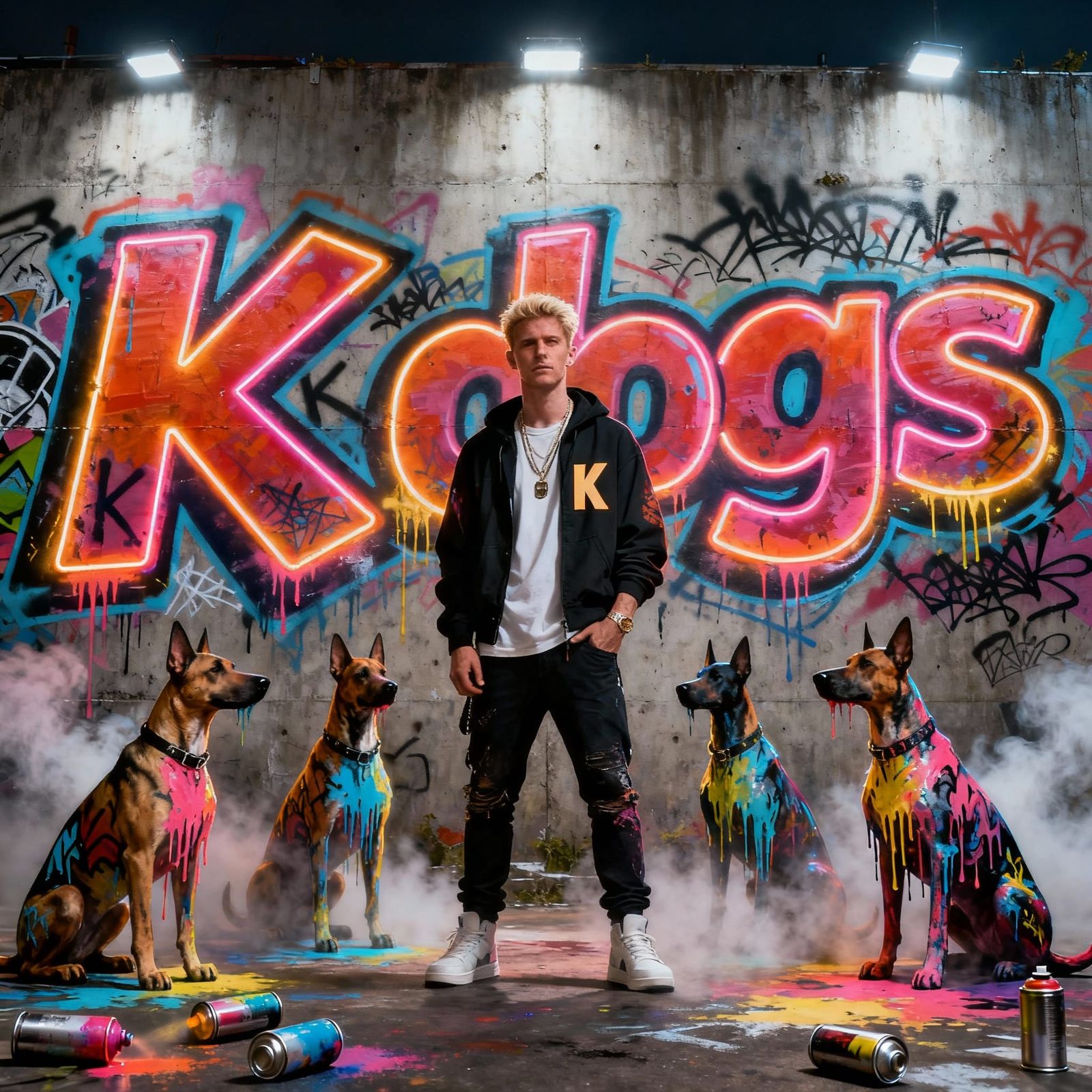 Urban Graffiti Scene with Rapper K and Art Dogs