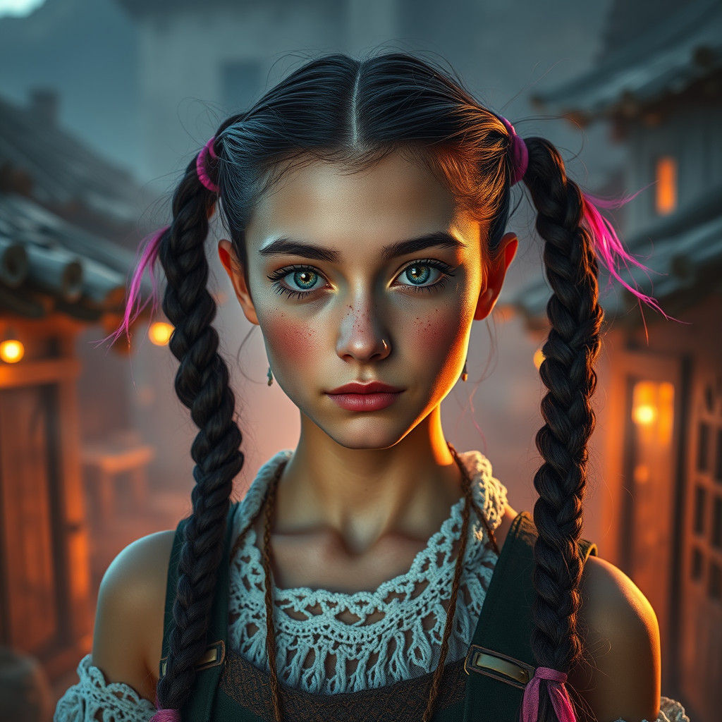 Cyberpunk Girl with Braided Pigtails on Illuminated Coastlin...