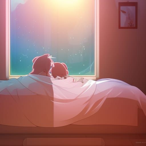 Anime Couple Cuddling with Animals in Sunlight