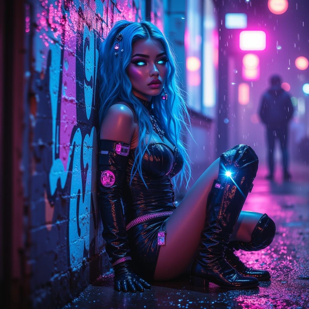 Futuristic Woman with Electric Blue Hair in Neon City