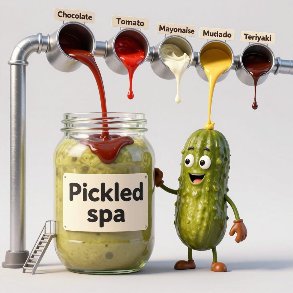 Anthropomorphic Pickle Next to a Giant 'Pickled Spa' Jar