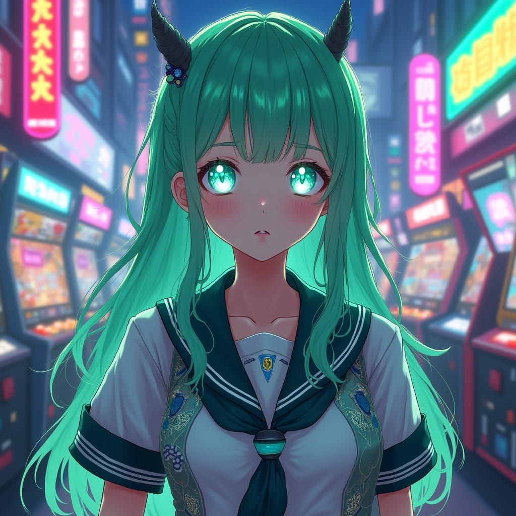 Anime Girl in Retro-Futuristic Arcade