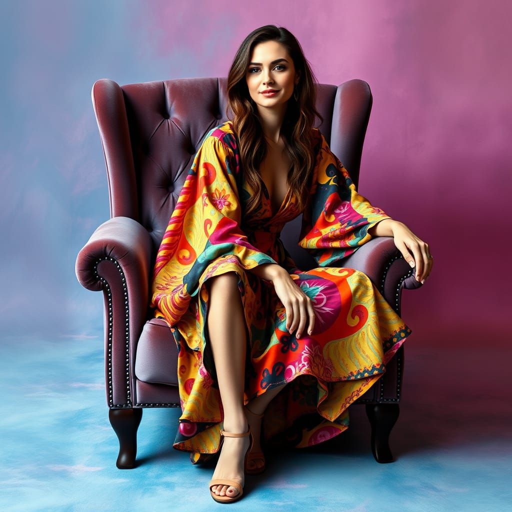 Woman in Multicoloured Dress on Velvet Chair