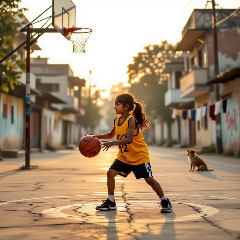 Young Girl's Solitary Basketball Practice at Sunrise
