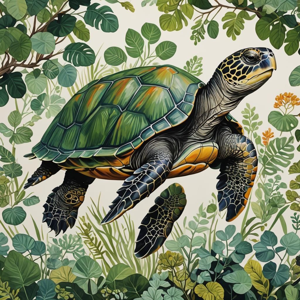 Detailed Gouache Painting of a Turtle