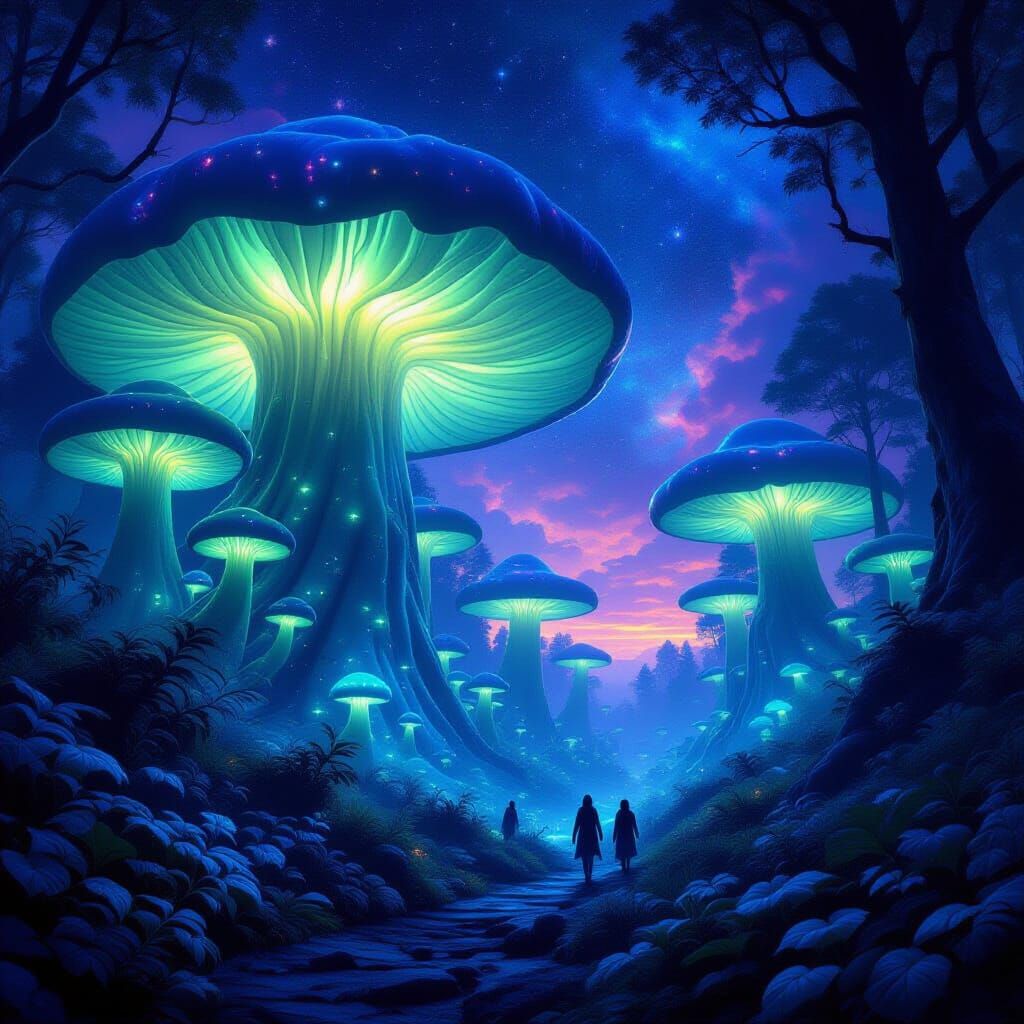 Bioluminescent Mushroom Forest Under Nebula Sky