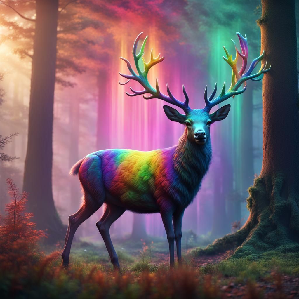 Rainbow Deer in Mystical Forest: Fantasy Art